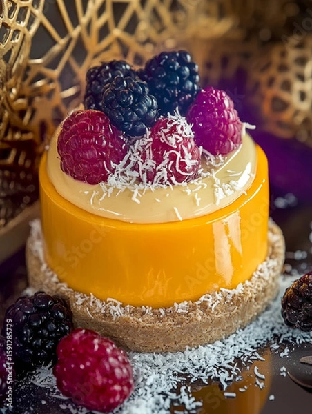 Fototapeta Delicious vibrant yellow dessert garnished with fresh berries and coconut flakes. Sweet and elegant pastry on a rustic base.