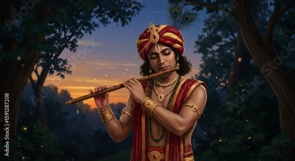 Fototapeta Elegant Young Man in Royal Indian Attire Playing Flute in Twilight Forest – Peacock Feathers, Peaceful Expression, Glowing Light, Vibrant Fantasy Art with Mystical and Spiritual Atmosphere

