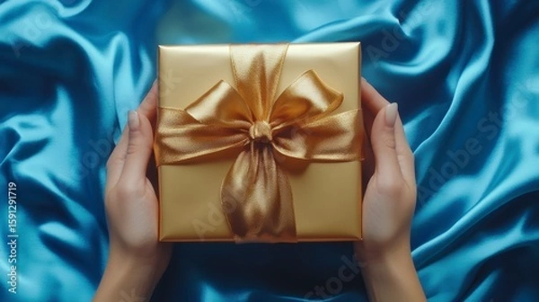 Obraz Two hands hold a gold gift box with a gold ribbon on a blue silk background.