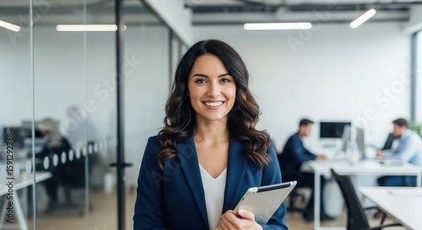 Fototapeta Smiling businesswoman holding a tablet computer in a modern office environment