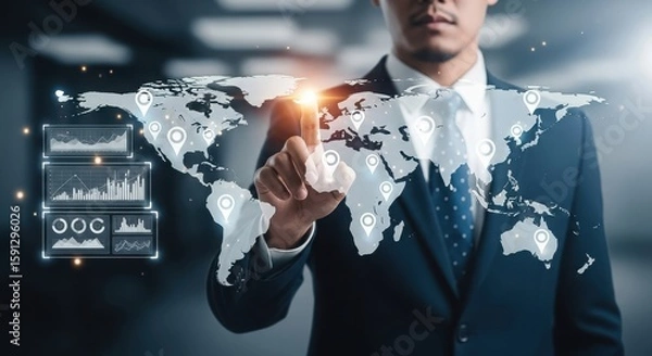 Fototapeta Businessman interacting with a futuristic holographic world map displaying data analytics
