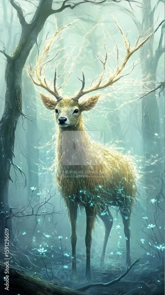 Fototapeta Enchanting deer glows, luminous in a mystical forest. Magical nature scene with ethereal light.