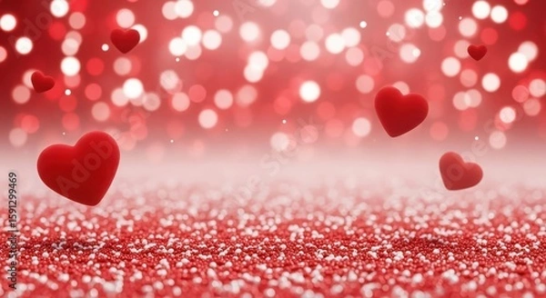 Fototapeta Floating red hearts against a bokeh background with a textured foreground of red and white beads