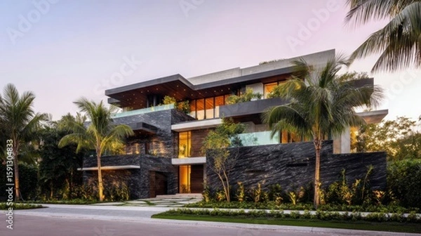 Obraz Tropical resort hotel at sunset with palm trees against the night sky, featuring a grand villa and lush garden architecture