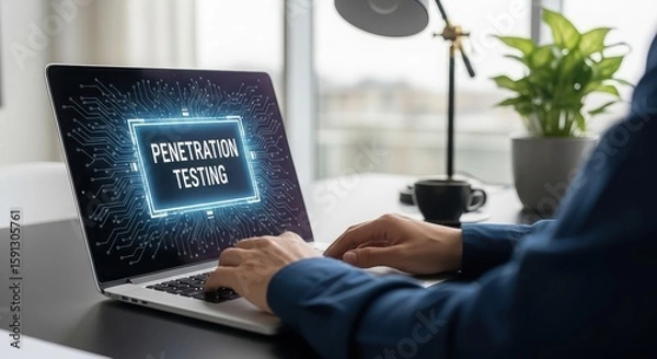 Fototapeta Person working on laptop with penetration testing displayed on screen