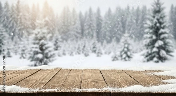 Fototapeta Empty wooden table covered in snow with a blurred winter forest background