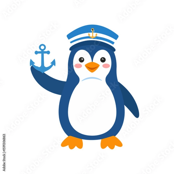 Fototapeta Cute cartoon penguin character in a blue sailor hat with a golden emblem, holding a large blue anchor and looking sad.