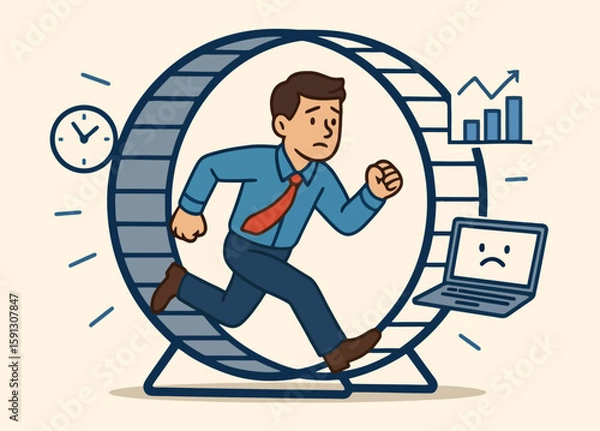Fototapeta Flat illustration of tired businessman running inside hamster wheel, symbolizing burnout and lack of work-life balance