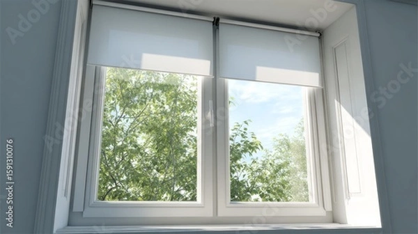 Fototapeta Double window with white roller shades, sunny day view