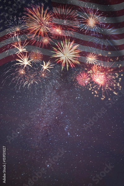 Obraz Fireworks and flag of America