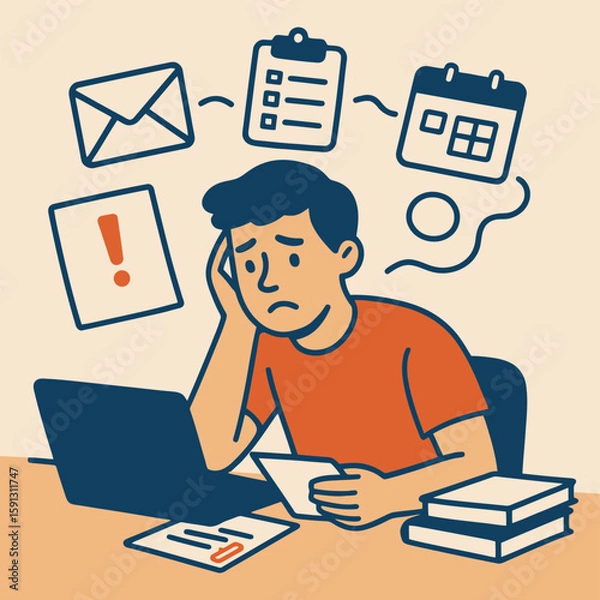 Fototapeta Flat illustration of stressed man at desk surrounded by reminders, emails, and deadlines, struggling with unfinished tasks
