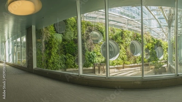 Obraz A captivating indoor view through a modern window reveals an empty room with a tree and the vast sky beyond, blending interior design with the outside world
