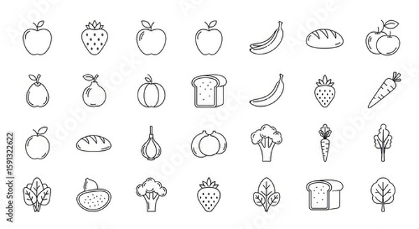 Fototapeta Collection of simple line-drawn food icons: fruits, vegetables, and bread.