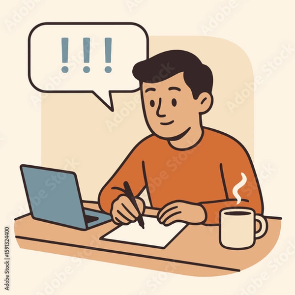Fototapeta Smiling man writing notes at table with laptop and coffee