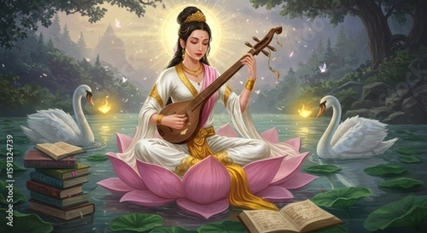 Fototapeta Graceful Woman Playing Traditional Instrument on Lotus in Serene Lake – White and Gold Attire, Surrounded by Swans, Books, and Glowing Light, Elegant Fantasy Illustration of Divine Wisdom

