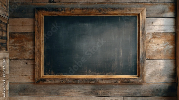Fototapeta A rustic chalkboard with a wooden frame hanging on a weathered wooden plank wall
