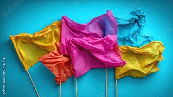 Fototapeta Colorful Flags Dancing in the Wind Against a Bright Blue Backdrop