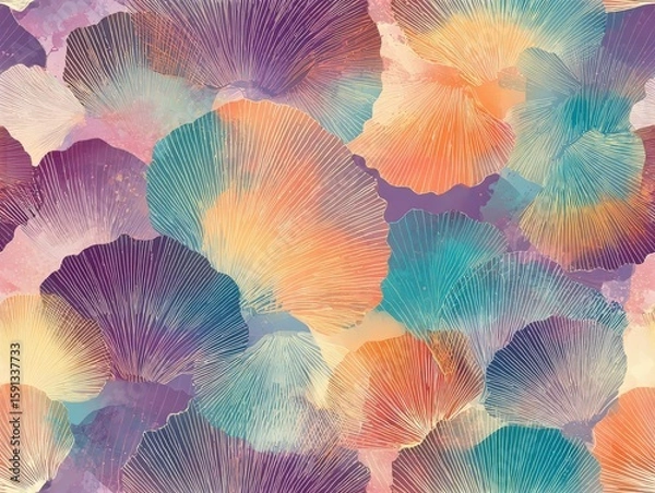 Fototapeta Colorful Layered Gradients and Seashells in a Seamless Tile Pattern