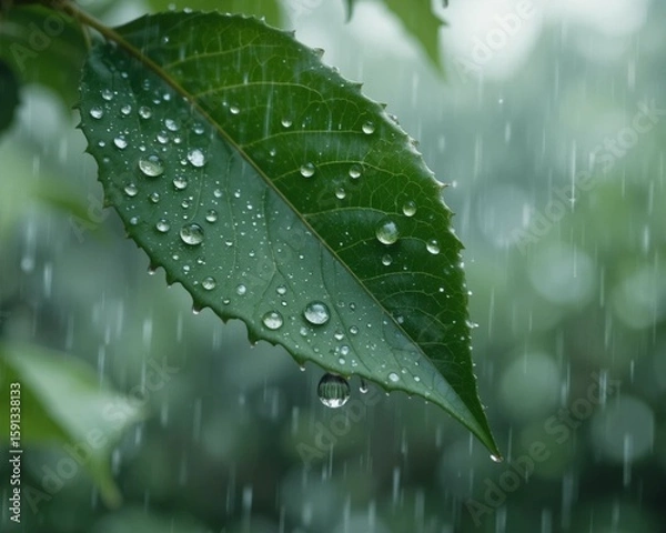 Obraz Leaf with raindrops nature background 