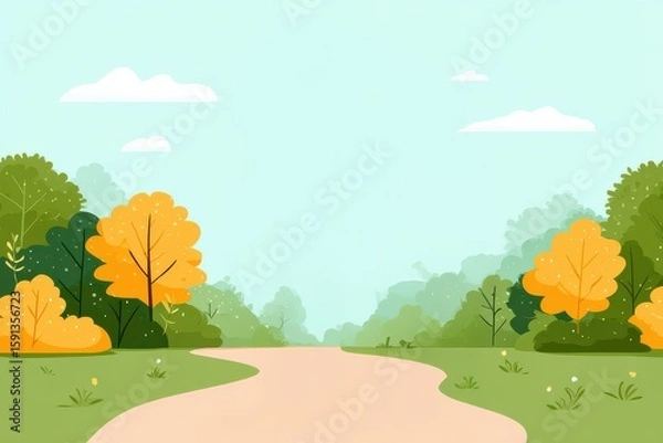 Fototapeta A serene pathway through colorful trees and lush greenery.