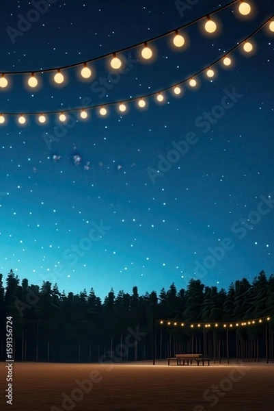 Fototapeta A tranquil evening scene with string lights and a starry sky.