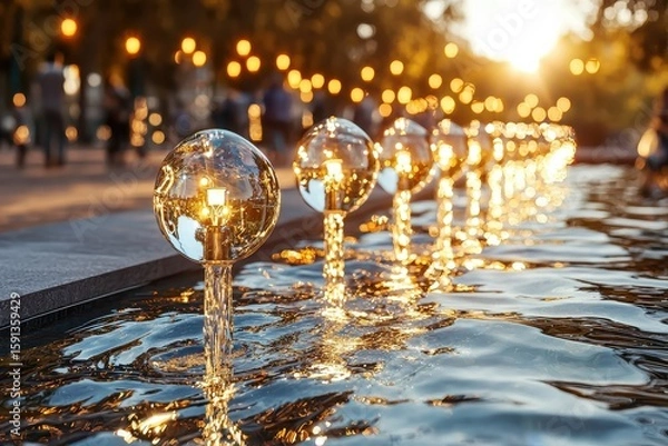 Fototapeta Serene fountain with glowing orbs reflecting sunlight.