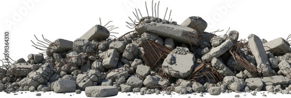 Fototapeta Heap of broken concrete debris with exposed rebar debris pile construction rubble isolate