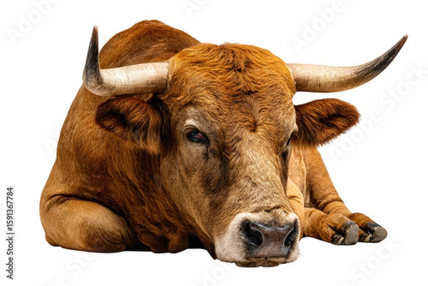 Obraz A brown cow with horns is lying down against a Transparent Background in a studio setting looking forward