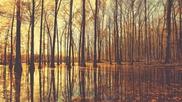 Fototapeta Autumnal forest reflecting in a placid swamp.