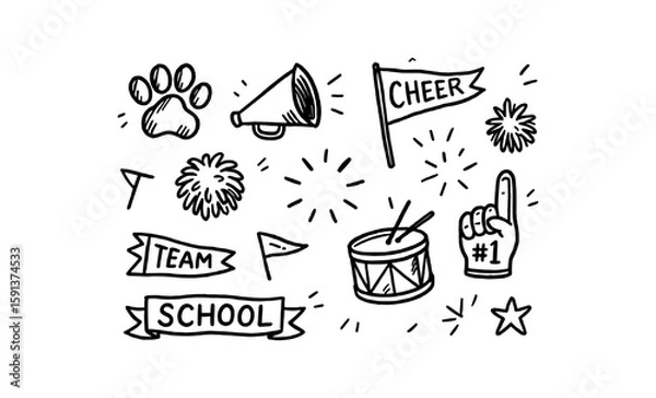Fototapeta Cheerleading doodles with pom poms, megaphone, and team banner