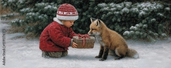 Fototapeta A child presents a gift to a curious fox in a winter landscape.