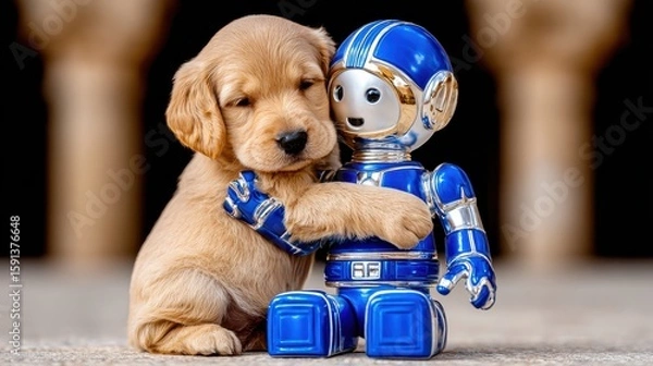 Fototapeta A cute puppy cuddles a friendly robot toy, showcasing companionship.