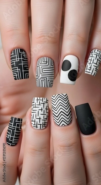 Fototapeta Creative Matte Black and White Geometric Nail Art with Abstract Patterns and Polka Dots, Showcasing Modern Manicure Designs