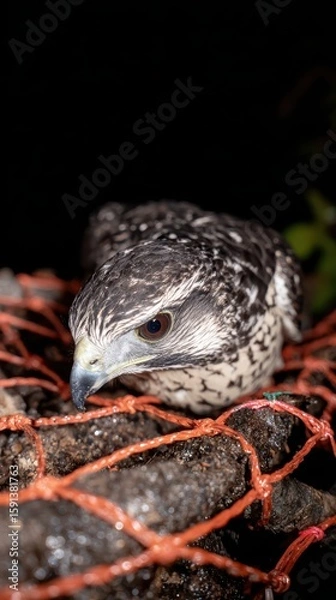 Obraz Close-up of a bird perched on a net with striking details.