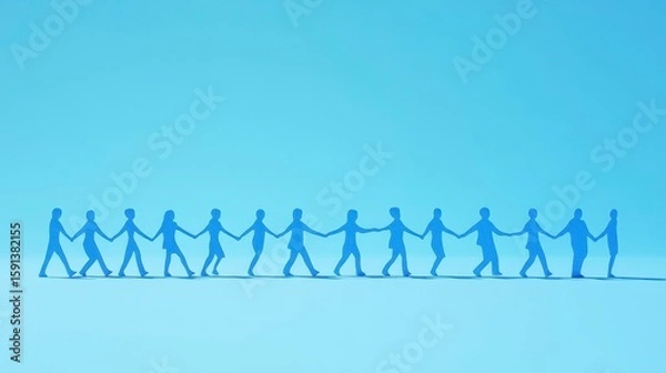 Obraz Paper figures holding hands, walking in a line against a light blue background.