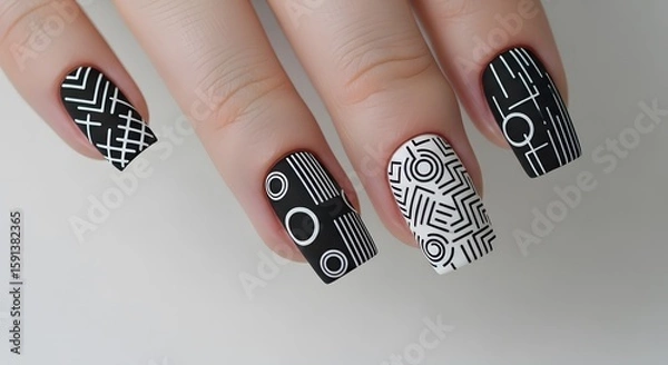 Fototapeta A detailed close-up of a modern manicure featuring intricate white geometric patterns on a matte black nail polish, a form of artistic expression.