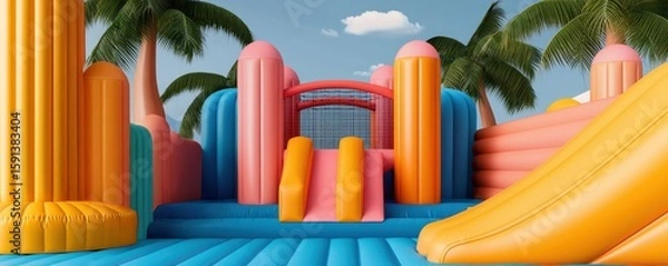 Fototapeta Colorful inflatable playground with slides and palm trees.