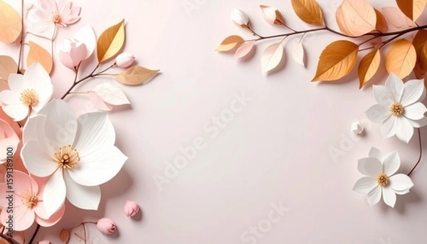 Fototapeta Elegant floral arrangement studio digital art soft pastel background top-down view nature inspired design for home decor