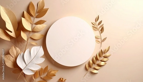 Fototapeta Elegant golden leaf arrangement on soft beige background in studio with minimalist design concept for modern decor