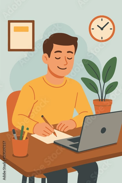Fototapeta Flat illustration of man working at desk in calm office environment with plants and minimal distractions, promoting focus and balance
