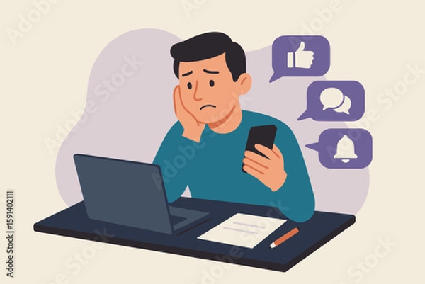 Fototapeta Flat illustration of man distracted by smartphone and notifications while working on laptop, symbolizing digital fatigue