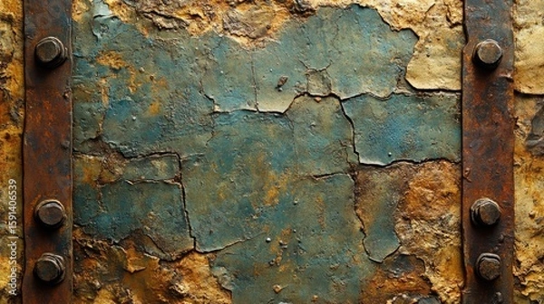 Fototapeta Abstract view of corroded metal surface shows rust, cracks, and faded blue. Patina of decay and age