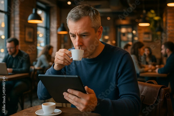 Fototapeta Man enjoys coffee while working on his tablet at a cafe.