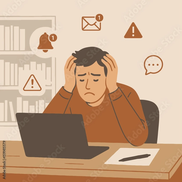 Fototapeta Flat illustration of stressed man at desk overwhelmed by tasks, deadlines, and digital devices, symbolizing multitasking fatigue