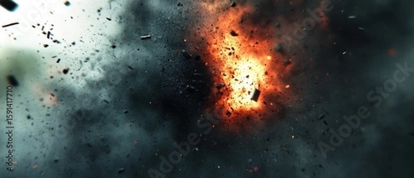 Fototapeta Fiery explosion with dark smoke and debris cloud