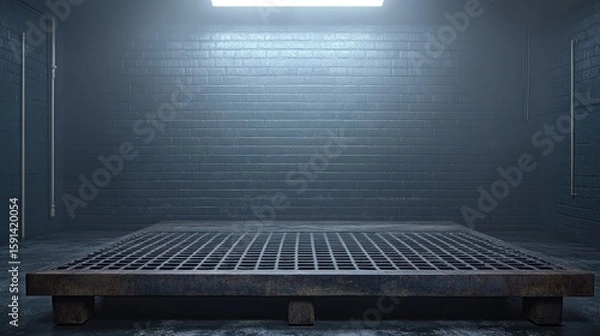 Obraz Industrial platform in a dark, cold, brick room with overhead lighting, creates a stark space