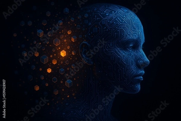 Obraz Abstract digital human face. Artificial intelligence concept of big data or cybersecurity. 3D illustration