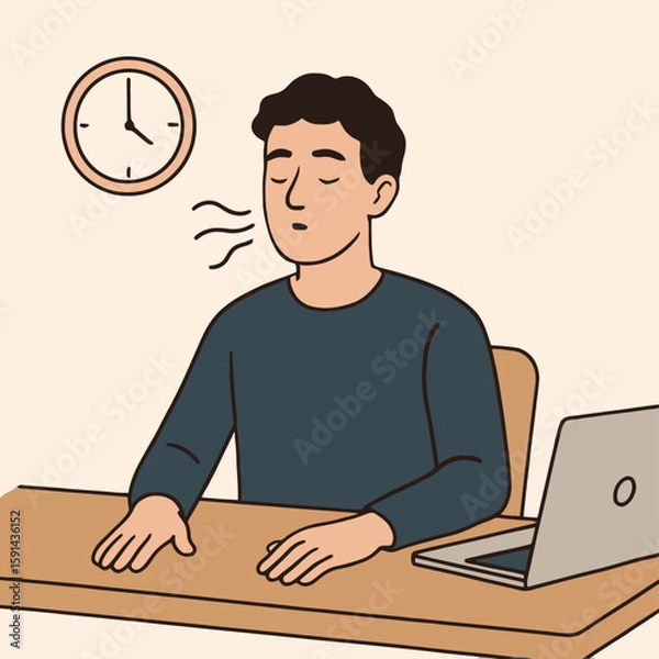 Fototapeta Flat illustration of man taking a mindful breathing break at desk during work to recharge and maintain efficiency