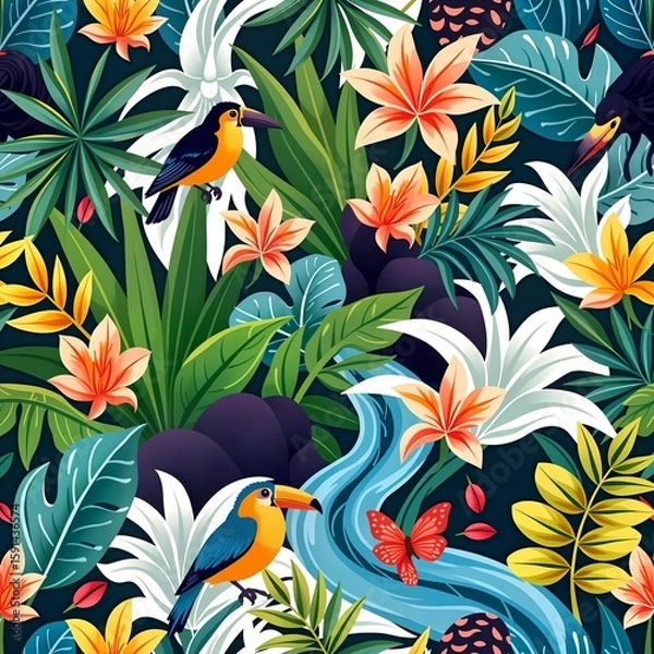 Fototapeta A seamless vector pattern depicting a vibrant array of exotic wildlife in their natural habitats. Include stylized elements like lush greenery, intricate feathers, and flowing rivers, all harmoniously
