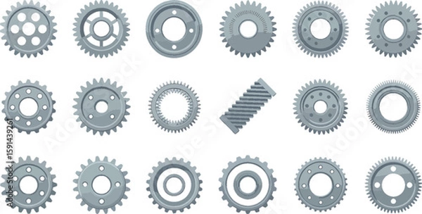 Obraz "Vector Set of 18 Industrial and Engine Mechanical Gear Icons – Heavy Duty Engineering Components for Machinery and Automotive Use"

